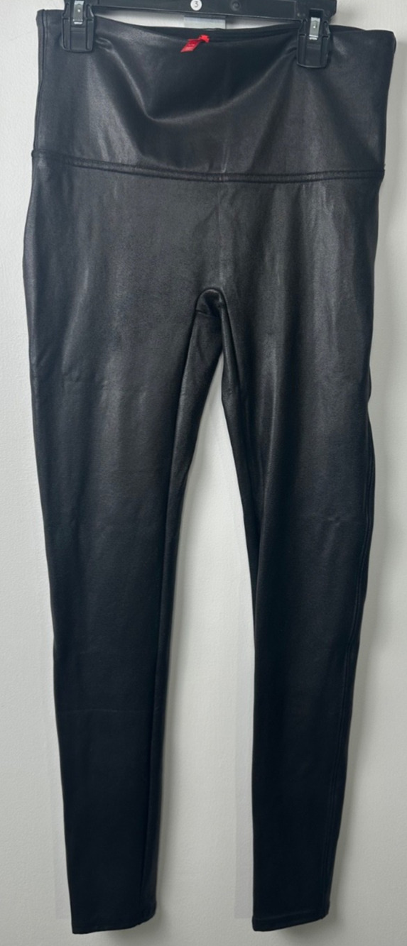 SPANX Women's Black Faux Leather Leggings High Rise Stretch Biker Size L A34